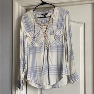 Blue/Pink/Off White Plaid Tie Blouse